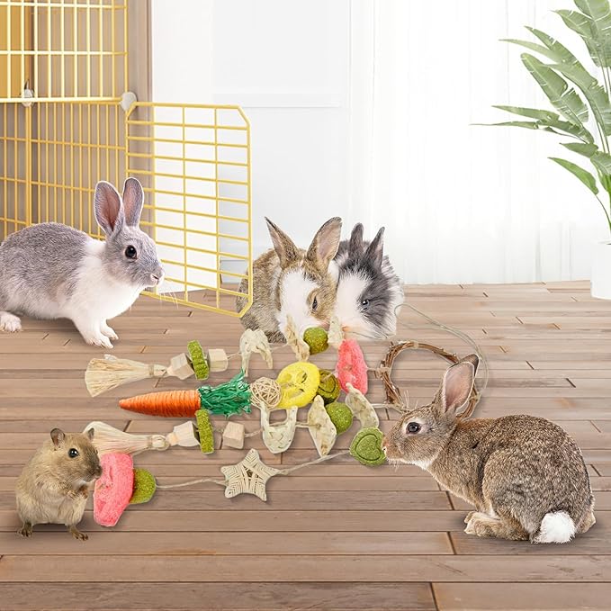Jorewood Rabbit Chew Toys Bunny Cage Hanging Toy and Treats Rattan Ring with Snacks for Rodent Pets Teeth Healthy