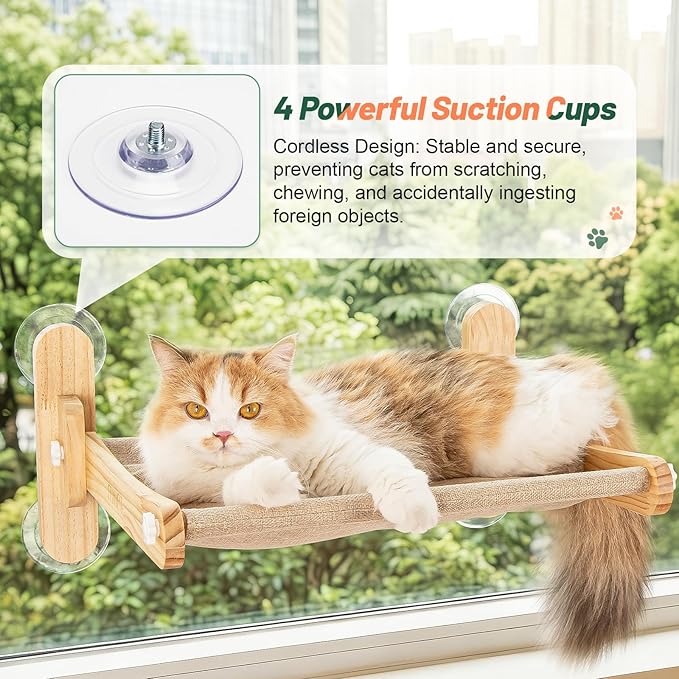 Cat Window Perch, 100% Natural Pine Foldable Cat Window Seat, Cordless Safety Design with 50LBS Weight Capacity, No Drilling Easy Installation for Indoor Cats & Home Decor
