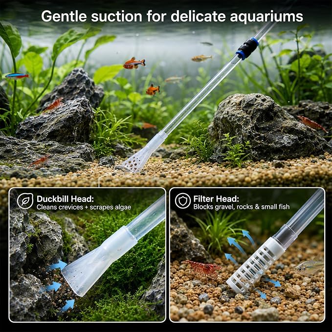 Aquarium Siphon Vacuum,Manual Water Changer Gravel Cleaner | with Duckbill Nozzle and Filter Head,Suitable for 5-10 Gallon Fish Tanks,Betta, Shrimp, Nano and Turtle Tanks