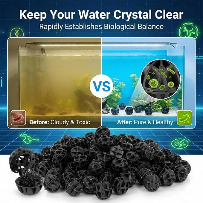 RAINFLOW 100 Pcs Aquarium Bio Balls - Black Sump Filter Media with Sponge | Biological Filtration Balls for Koi Pond Fish Tank Canister Air Pump, Pond Media for Outdoor Waterfall Filters with Mesh Bag