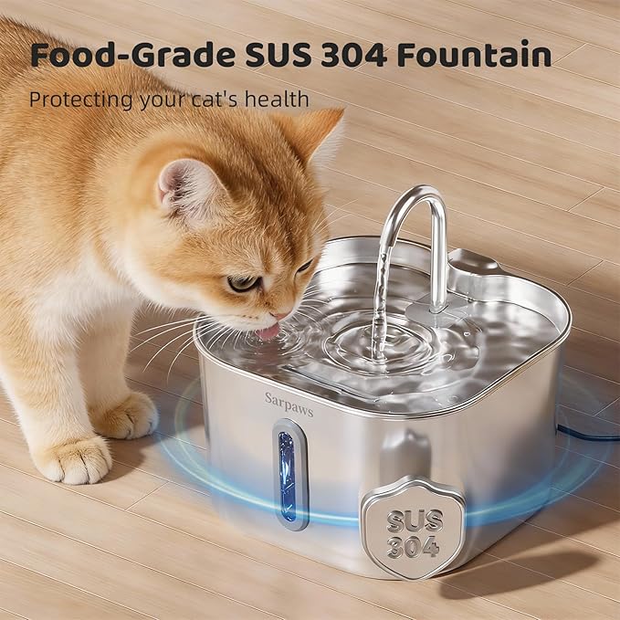 SARPAWS Cat Water Fountain Stainless Steel, 2.2L/74oz Pet Water Fountain for Cats Indoor, Ultra Quiet Cat Fountain for Cats and Small Animals, Cat Fountain for Drinking with 2 Filters & 2 Sponges