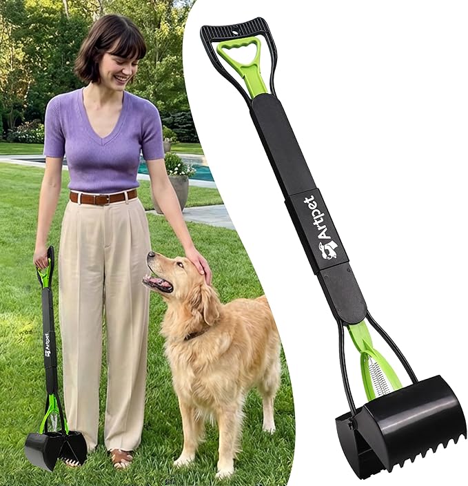 32 Inch Dog Pooper Scooper Long Handle for Large Dogs for Yard – No Bending Great on The Back, Ease of Pick Up, Convenient, Heavy Duty, Grass Friendly, Plastic, Green