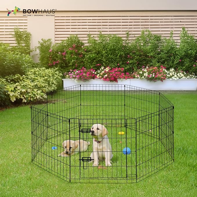 BOWHAUS Foldable Outdoor/Indoor Pet Playpen with Gate, Available in 30 Inch Height Metal Portable Kennel, Heavy-Duty Exercise Fence Cage 8 Panels for Medium Dog, Animals
