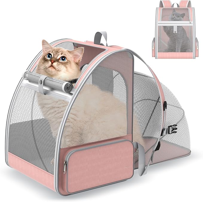 Cat Backpack Carrier Expandable for Travel: Foldable Pet Backpack with Breathable Mesh for Medium Small Dog Cat Puppy Kitten up to 15 Lbs, Cat Carrier Soft Backpack for Hiking Camping Outdoor(Pink)