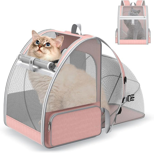 Cat Backpack Carrier Expandable for Travel: Foldable Pet Backpack with Breathable Mesh for Medium Small Dog Cat Puppy Kitten up to 15 Lbs, Cat Carrier Soft Backpack for Hiking Camping Outdoor(Pink)
