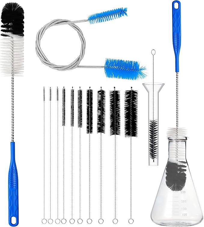 12Pcs Glass Tube Pipe Cleaners Brush Kit,Long Nylon Straw Brush | for Glass Funnel and Bottle,17-inch Long Handle,8.2-in Different Diameters Brushes,35-in Flexible Double-Ended Hose Tool