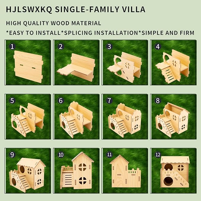 Natural Wood Hamster Habitat Hideout Cage Accessories, Maze Cabin with Fun Slide & Double-Decker House, Exercise Toys for Dwarf Hamsters, Gerbils, Mice, Other Small Animals(Only for Small Hamster E)