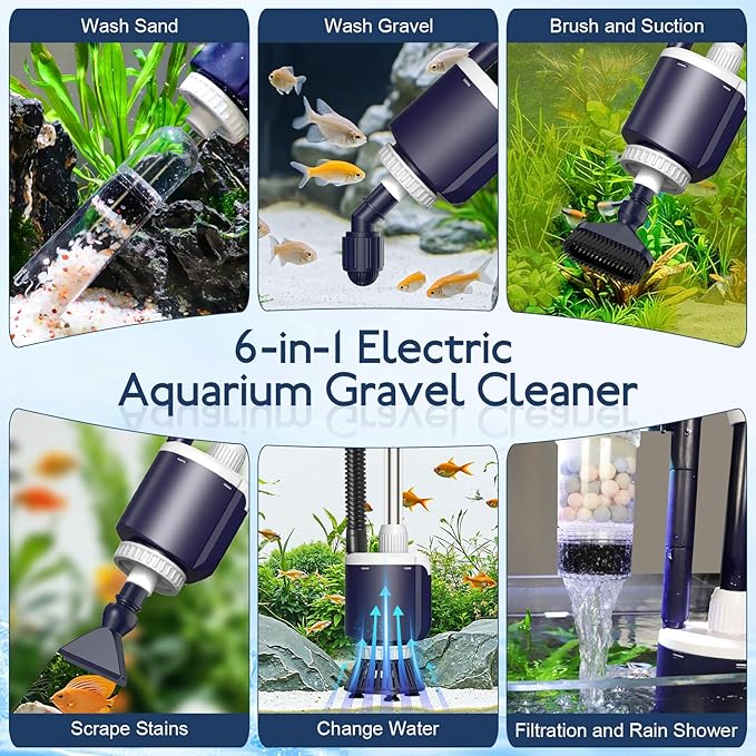 AQQA 600 GPH Electric Aquarium Gravel Cleaner 6-in-1 Fish Tank Vacuum | Cleaner & Water Changer with Stainless Steel Handle & 3-Stage Filter Cup for Turtle Tanks, Adjustable Flow 34W