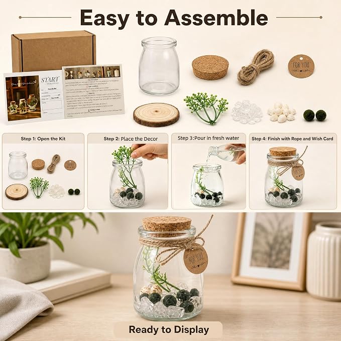 Moss Balls Glass Terrarium Kit,5 Pcs Lucky Moss Balls Pets,White Crystal,Artificial Plants,Aquarium Decor DIY Starter with Moss for Adults and Kids, Green Decor