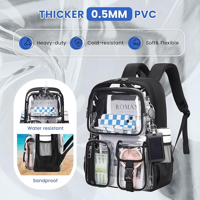 MUSEVOS Clear Backpack for School, Heavy Duty Clear Bookbag for Girls Boys Transparent Backpack with Badge Holder, Black