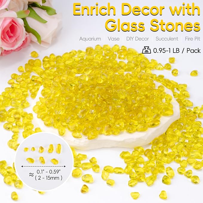 Meschett Colorful Glass Stones, 1 LB Fish Tank Gravel, Small Irregular Rainbow Aquarium Gravel for Aquarium Decorations and Turtle Tank, Sea Glass Beads Crystals for Fish Bowl, Vase Filler,Yellow