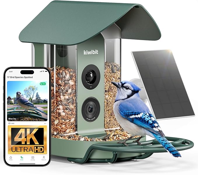 Kiwibit Smart Bird Feeder with Camera, Solar Powered for Outdoors, Bird Species AI Identification, 8MP Photos, 4K Video Livestream, Real-Time Bird Alerts, Birdwatching Gifts for Bird Lovers, Sage Pine