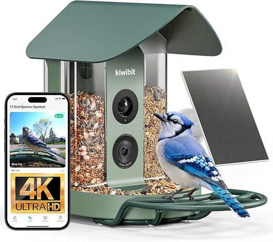 Kiwibit Smart Bird Feeder with Camera, Solar Powered for Outdoors, Bird Species AI Identification, 8MP Photos, 4K Video Livestream, Real-Time Bird Alerts, Birdwatching Gifts for Bird Lovers, Sage Pine