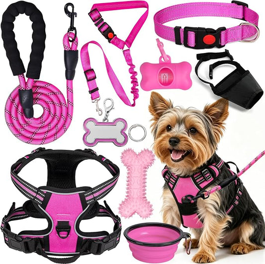 No Pull Dog Harness Adjustable Collar & Leash Set - Dog Halter Harnesses Collapsible Bowls & Poop Bag Dispenser Muzzle ID Tags Toys Fits Small Medium Large Dogs (Pink-S)