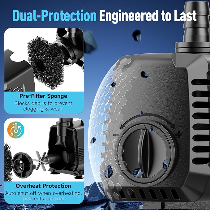 400GPH Submersible Water Pump, Water Fountain (1500L/H, 24W) with 6.6FT High Lift Adjustable & 2 Nozzles & 9.8FT Cord, Ultra Quiet Aquarium Pump for Pond Fountain Waterfall Hydroponics-Q103