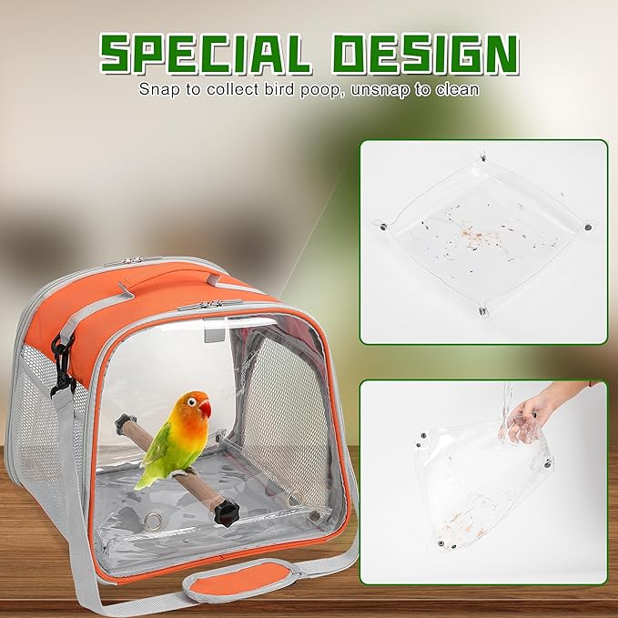 Small Bird Carrier, Large Window Travel Cage with Stand and Easy Clean Tray for Parrot Parakeet Cockatiels, Lightweight and Portable, Orange H