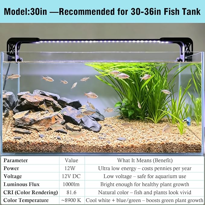 HITOP 30in Slim Aluminum Alloy Aquarium LED Light, Full Spectrum with Day/Night Mode & Timer, 10-Level Brightness, Adjustable Lighting for Planted Tank & Fish Tank Freshwater Fish