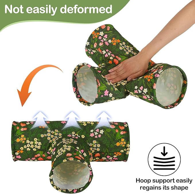 Bienbee Guinea Pig Tunnel, 3 Way Washable Guinea Pig Hideout,Foldable Rabbit Tunnel Guinea Pigs Toys for Bunny Hamster Chinchilla Ferret Rabbit Guinea Pigs Accessories Green Flower