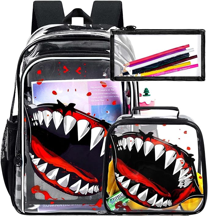 16" Shark Clear Backpack for Boys - 3Pcs School Stadium Approved Transparent Set, Campus See Through Bookbag with Lunch Box (Black)