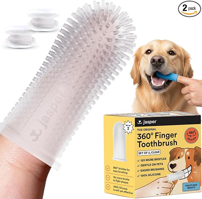 Jasper Dog Toothbrush, 360 Degree Dog Tooth Brushing Kit, Cat Toothbrush, Canine Dental Care & Teeth Cleaning Kit, Pet Finger Tooth Brush, Use with Pet Toothpaste, 2-Pack Clear