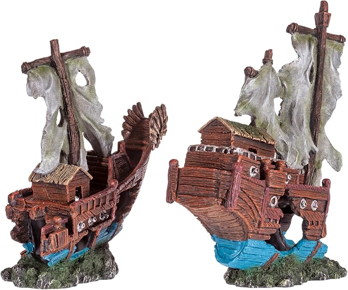 Shipwreck Aquarium Decorations Pirate Ship Ornament w/Sail (2 Pieces) 5 Gallons and Larger Fish Tank, Sunken Ship Decoration Ornaments, Decorative Resin Boat for Freshwater Saltwater Decor
