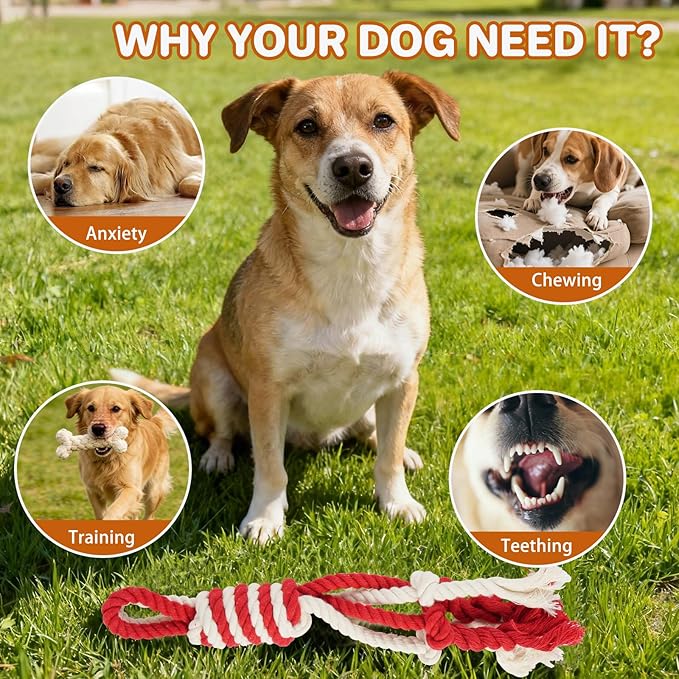 3 Pack Cotton Rope Dog Toy Set, Indestructible Chew Toys for Aggressive Chewers, Puppy Teething Toys with Bone, Human & Rope Dog Ball Designs for Boredom Relief & Tug of War， Red-White