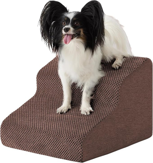 Dog Stairs for Small Dogs 11.5’’ H, 2-Step Dog Steps for Bed, Pet Stairs and Ramp for Dogs and Cats to Get on Beds, Couch, Non-Slip Balanced Pet Steps with Waterproof Cover, Brown