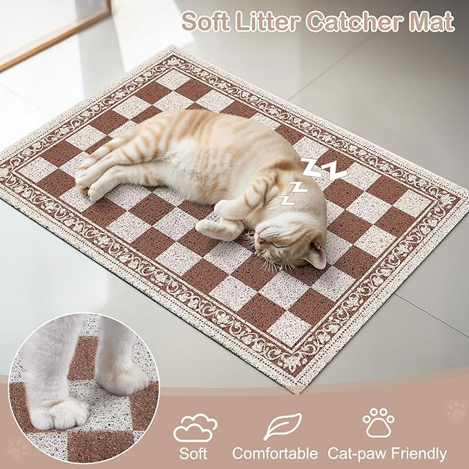 Bienbee Cat Litter Mat, 33" x 22" Waterproof Litter Box Mat Litters Rug with Non-Slip Bottom, Easy to Clean Litter Trapping Mat for Cat,Light Beige Checkerboard L