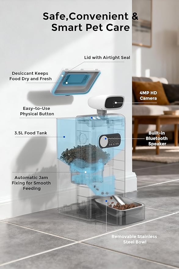 Teendow XLY-M1 Automatic Cat Feeder with Camera, 3.5L Cat Food Dispenser, AI Subscription Pet Feeder 4MP HD Video with Night Vision Timed Feeding Dry Food for Dog APP Control 5G WiFi