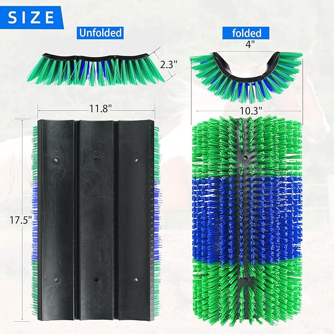 Extra Large Size Livestock Scratching Brush, Upgraded Horse/Goat/Cow/Cattle Scratcher Brush for Grooming, Itch Relief Horse Scratcher Brushes Kit with Two Sets of Mounting Screws(4-Pack,Green)