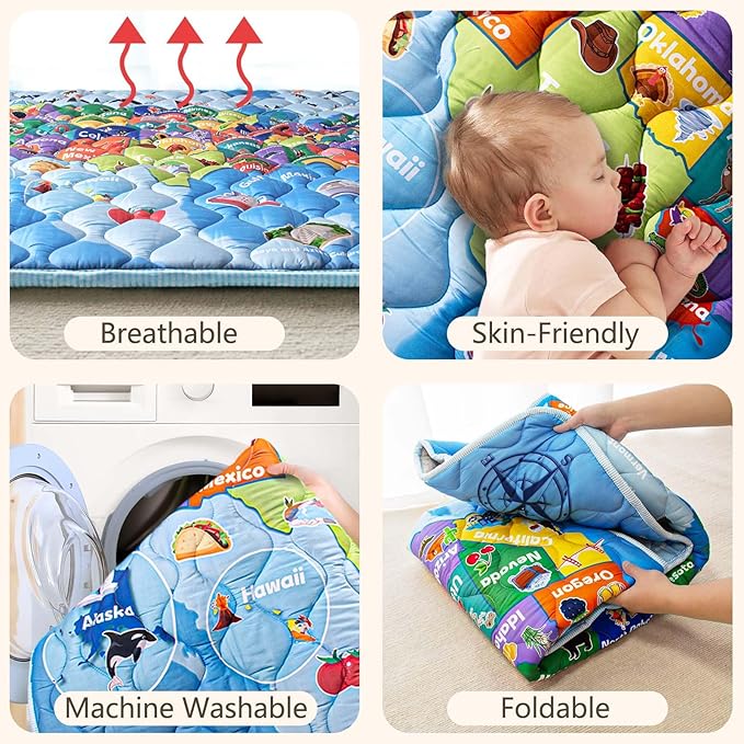Baby Play Mat, 50x50 Playpen Mat with Super Soft Touch, Thick Activity Mat with Upgraded Anti-Slip Bottom, Machine Washable Crawling Mat for Floor & Picnic (Map)