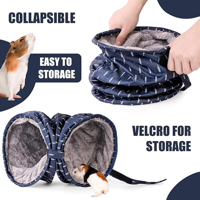 Rabbit Tunnel - Guinea Pig Tunnel, Guinea Pig Tube, 2-Way Small Pet Play Tube, Folds Flat for Storage, Ideal for Adult Small Pets, Dark Blue, Leaf Pattern