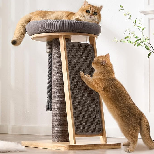Modern Cat Tree Small Tower with Scratching Post for Indoor, Solid Wood Multifunctional Corner Cat Tree Tower with Bed, Dangling Ball,Interactive Rope, Scratching Board
