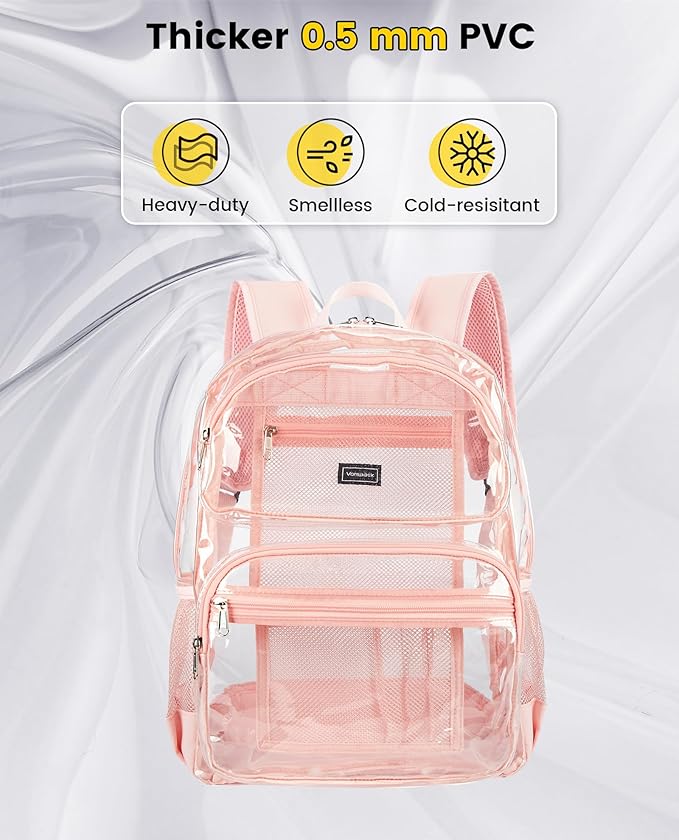 Vorspack Clear Backpack for School - Heavy Duty See Through Bookbag for Girls Boys Large Transparent Backpacks for Work, Travel - Pink
