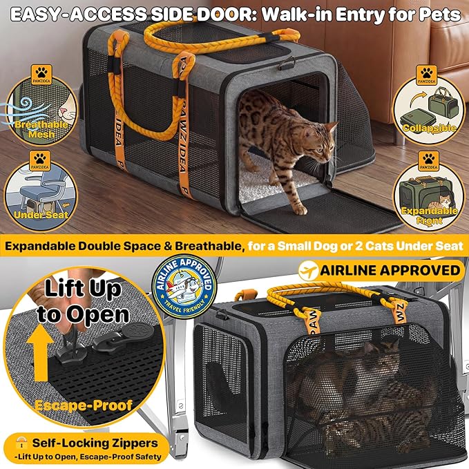 PAWZIDEA Expandable Pet Carrier with Wheels, 18"x11"x11" TSA Airline Approved Cat Carrier for 2 Cats Under Seat, Collapsible Soft-Sided Small Dog Rolling Travel Bag with Telescopic Handle, Up to 18lbs