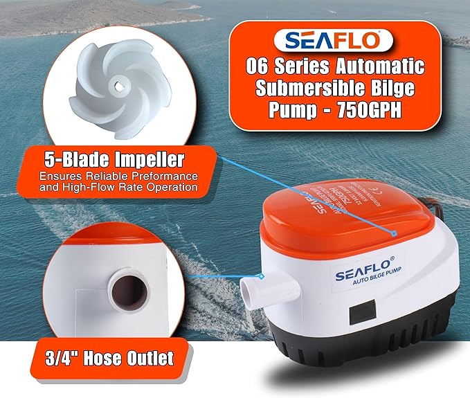 SEAFLO 06 Series Automatic Submersible Bilge Pump - 750GPH, 12V, 3/4" Outlet, 4-Year Warranty! - All-in-One Pump and Float Switch, Snap-Off Strainer, Compact Marine Boat Yacht Bilge Pump CE & Rohs