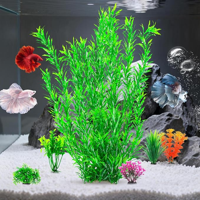 CousDUoBe 21 Inch Aquarium Plants Set Tall Fish Tank Plants – Realistic Artificial Fish Tank Decorations (1 Pcs Large Green Fish Tank Plants, 5 Pcs Small Plants)