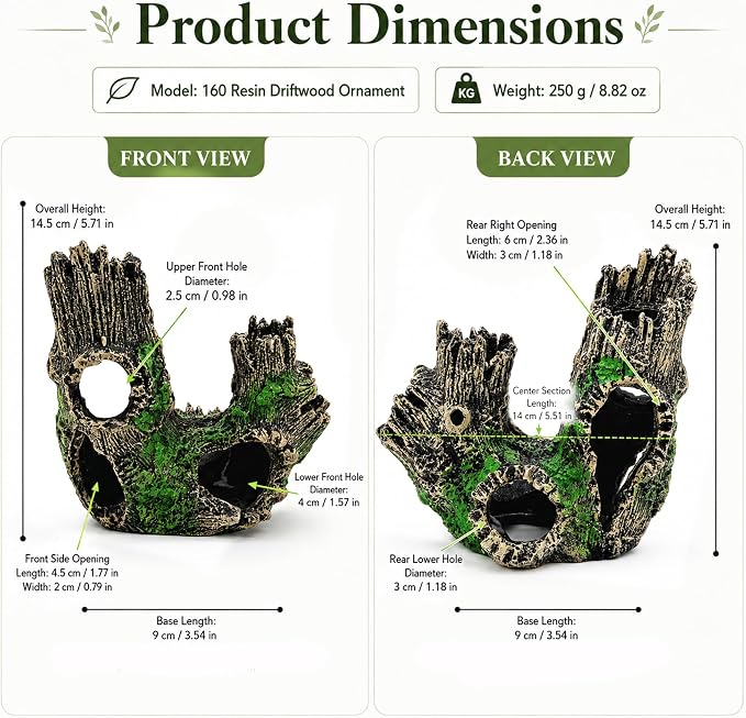 Natural Driftwood Cave Aquarium Decor, Tree Trunk Fish & Reptile Hideout | Lightweight Natural Resin Trunk Hideout, Low Maintenance for Small Fish & Reptiles, Suitable for Fresh & Saltwater
