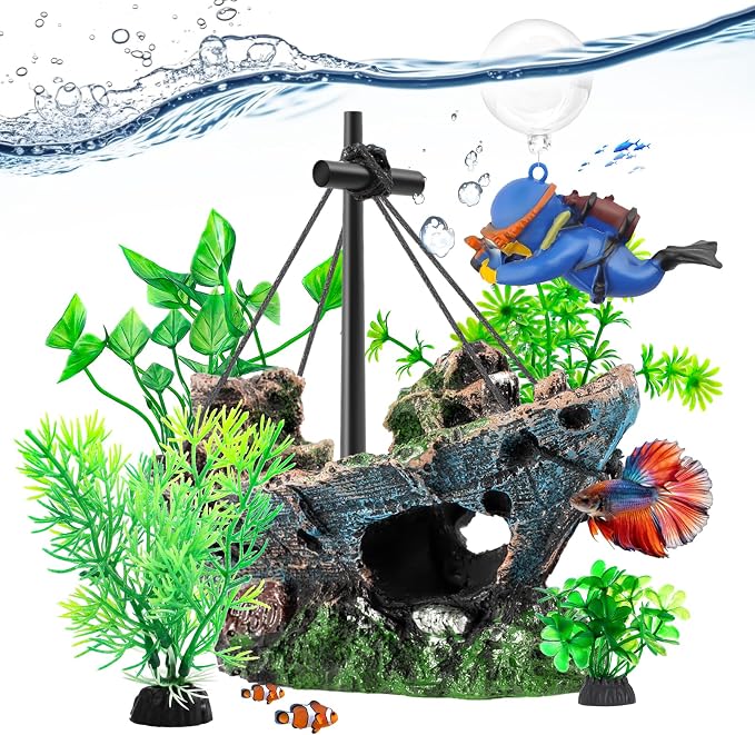 CousDUoBe 6 Pack Little Diver Floating Fish Tank Decoration，Mini Floating Submarine Aquarium Plants Sunken Ship Decoration — Safe Resin Fish Tank Decor for Betta, Shrimp (5.3 x 2.5 x 4.5 inches)