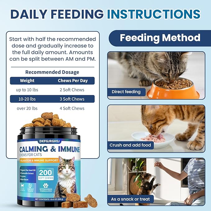 Cat Calming Treats, 200 Calm Soft Chews to Soothe Stressed Cats Anxiety Relief Reduce Stress & Promote Relaxation Immune Support Chicken Flavored