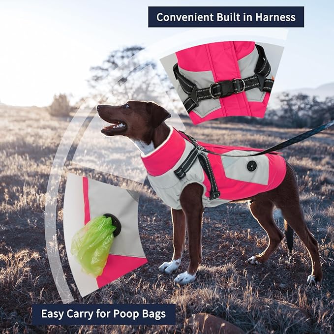 IECOii Dog Winter Coat with Harness Built in, Waterproof Windproof Dog Coats for Large Dogs, Thermal Fleece Cold Weather Jackets with Zip, Outdoor Warm Snow Jacket Reflective, Rosered, XXXL