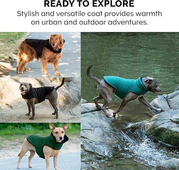 Furhaven Reversible Large Dog Coat, Washable & Insulating w/ Leash Access - Faux Fur & Quilted Fleece Flex-Fit Jacket - Black/Green, Large