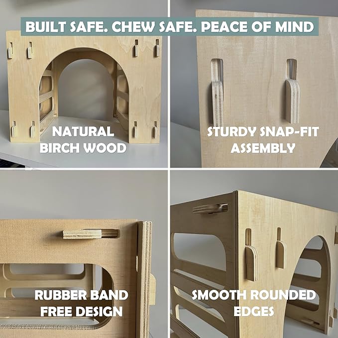 Kiwi&Mora Bunny House Hideout – Rabbit Hideout for Bunnies, Guinea Pigs & Other Pets | Large Indoor Wooden Tunnel Bed with Hay Feeder, Enrichment Toys & Accessories – Easy to Assemble & Clean
