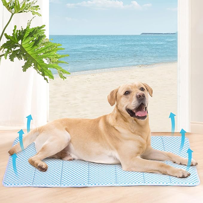 Cooling Dog Mat Q-Max>0.5 - Rapid Cooling Tech, Thin Breathable Crate Pad, Portable Washable Summer Mat, Chill Soothing Fabric - 41"x27" Extra Large Dog, Blue