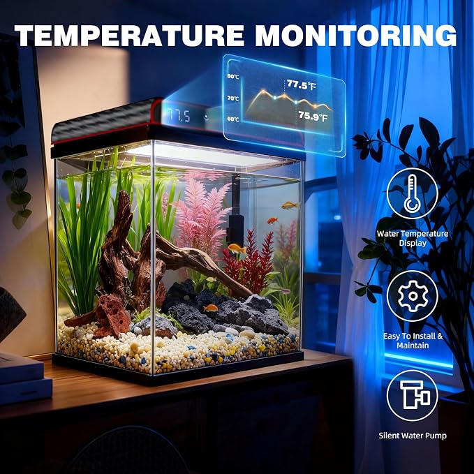 Coospider 5 Gallon Glass Fish Tank, Aquarium Starter Kit, Aquarium Kit with Quiet Filter Pump, 3-Color LED Lights, Simpel Self-Cleaning, Temp Monitoring for Fish, Shrimp, Family Kids Gift Ideas
