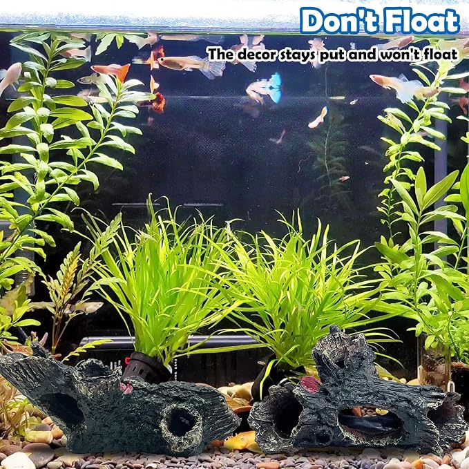 Tfwadmx 2 Pcs Decaying Trunk Aquarium, Betta Fish Ornament, Freshwater Ornament - Small Resin Aquarium Decoration Log, 20 Gallon Fish Tank Wood with Holes & Aquarium Hideout Caves