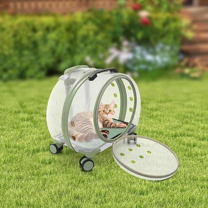 Cat Carrier with Wheels, Breathable Cat Rolling Carrier with Telescopic Handle, Bubble Cat Backpack Carrier, Clear Pet Travel Bag for Small Dogs Pets, up to 19lbs, 15.7" x 10.6" x 17.7" (Green)
