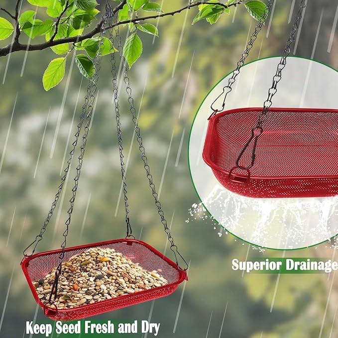 Hanging Bird Feeder for Outdoors – 12 x 8 in Rectangular Platform Bird Feeder, Metal Mesh Seed Tray for Wild Birds, Red