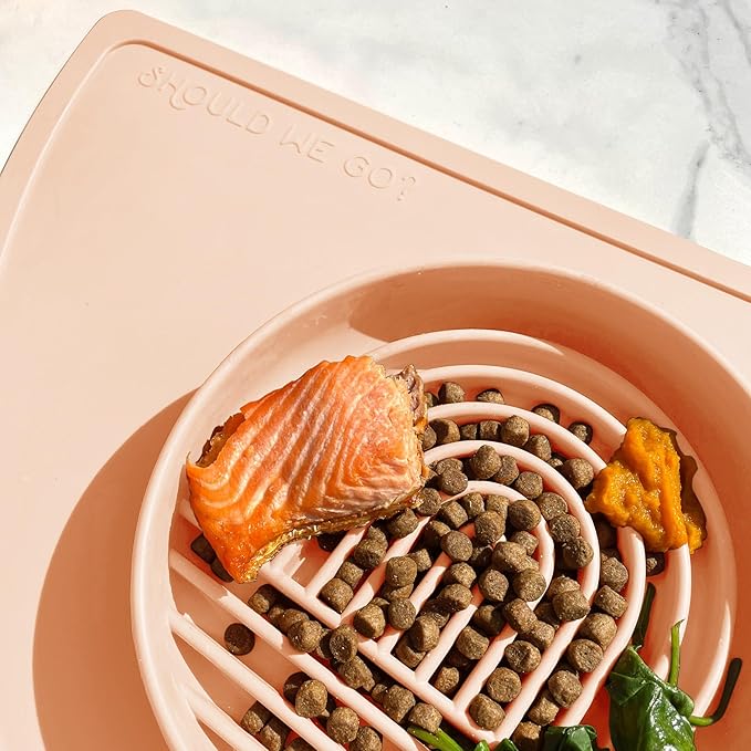 Should We Go? Slow Feeder for Dogs & Puppies, The Slowdown Bowl Silicone Slow Eating, Modern Lick Mat Design, Reduces Gulping, Fits 2 Cups, 7.5” Across x 1.5” Tall, Mealtime Challenge, Medium-Blush