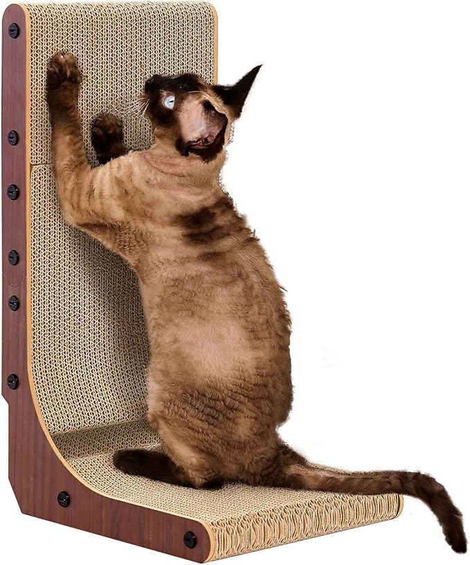 EHEYCIGA Cardboard Cat Scratcher for Indoor Kitten Cats, 19 Inch L Shaped Vertical Cat Scratching Board with Ball Cat Toy, Small Cat Scratcher Pad, Dark Brown